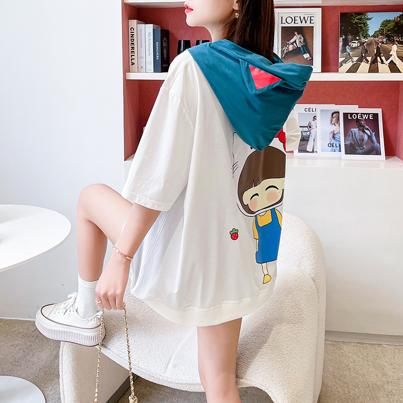 Actual shot of 100% cotton, summer niche design hooded short-sleeved T-shirt, loose mid-length large shirt, T-shirt top