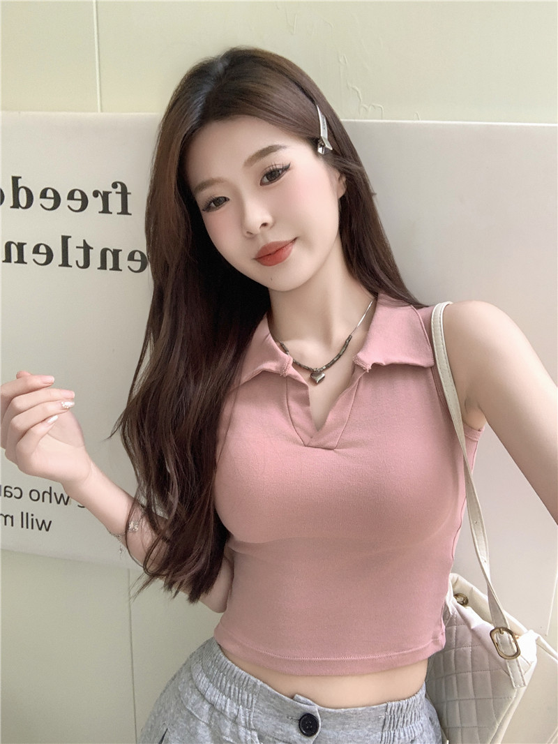 實拍~辣妹休閒百搭polo領背心短款露肚臍帶胸墊無袖上衣