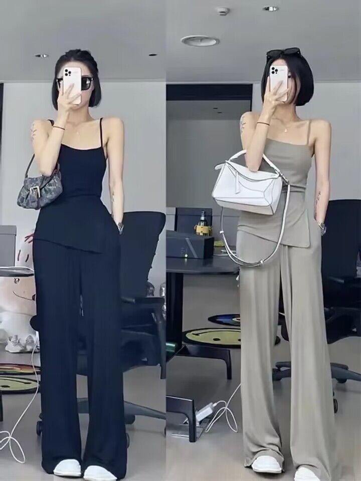 闊腿褲套裝女夏時尚氣質網紅炸街高級感微胖辣妹吊帶休閒褲兩件套