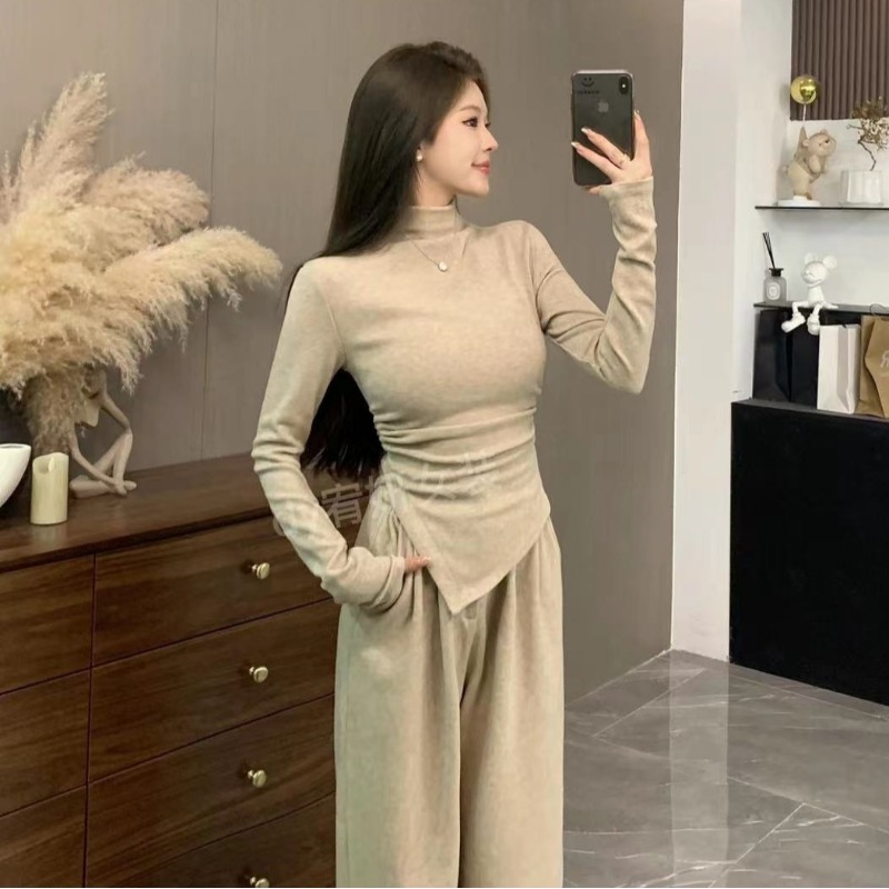 Already shipped Irregular half turtleneck knitted long-sleeved T-shirt for women thickened autumn and winter inner fit top and bottoming shirt