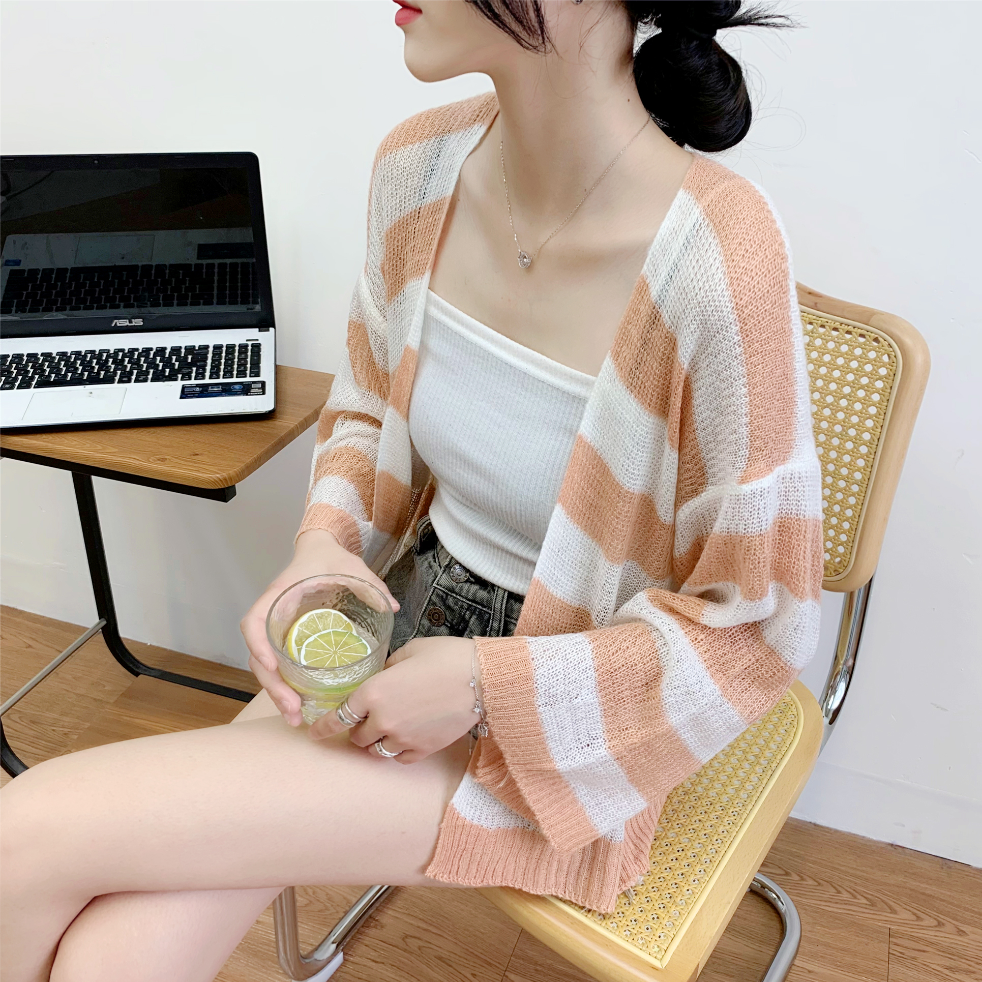 馬海毛針織衫夏季薄款女式空調衫2024新品條紋寬鬆慵懶風防曬衫