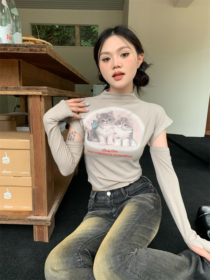 實拍~韓版辣妹貓咪印花半高領長袖T恤