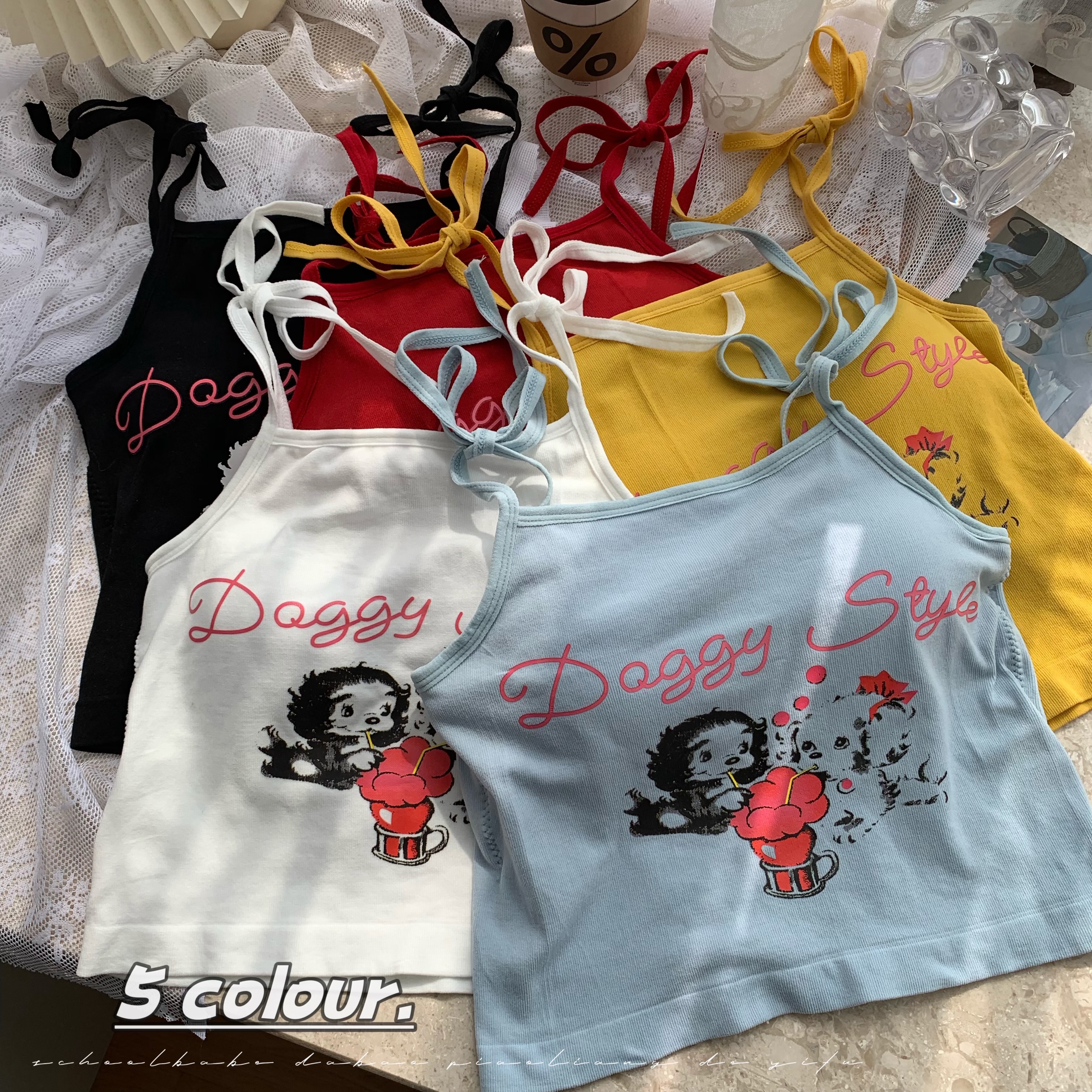 實拍韓系甜辣綁帶印花吊帶夏季外穿內搭帶胸墊美背無袖上衣潮