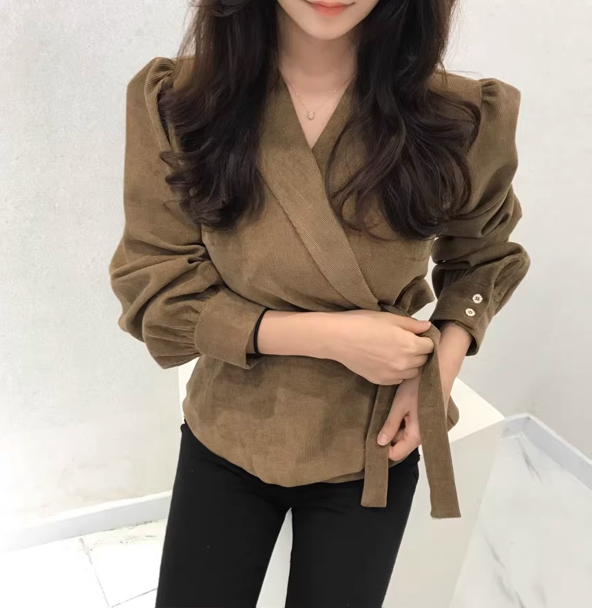 Korean chic autumn French retro suit collar side tie waist slimming solid color bubble sleeve shirt top
