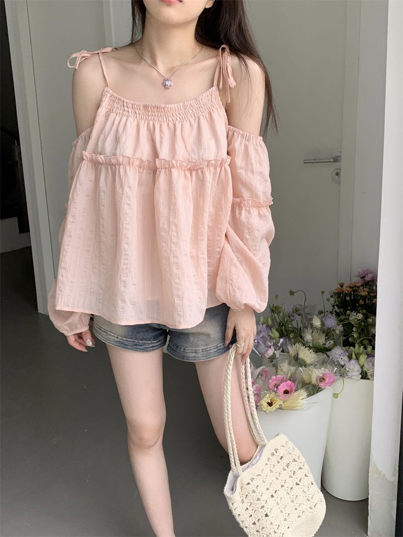 Already shipped Korean style gentle one-shoulder design long-sleeved shirt for women summer new age-reducing loose short top