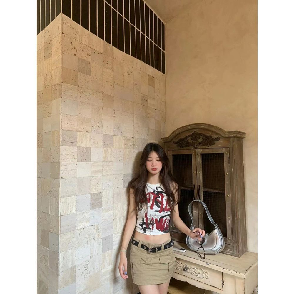 已出貨  美式復古印花設計工字型背心吊帶女夏短款顯瘦上衣女