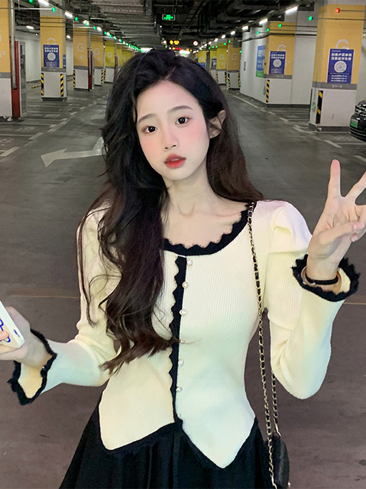 設計感撞色花邊針織衫女2024春季新款法式氣質溫柔風毛衣黑色杏色