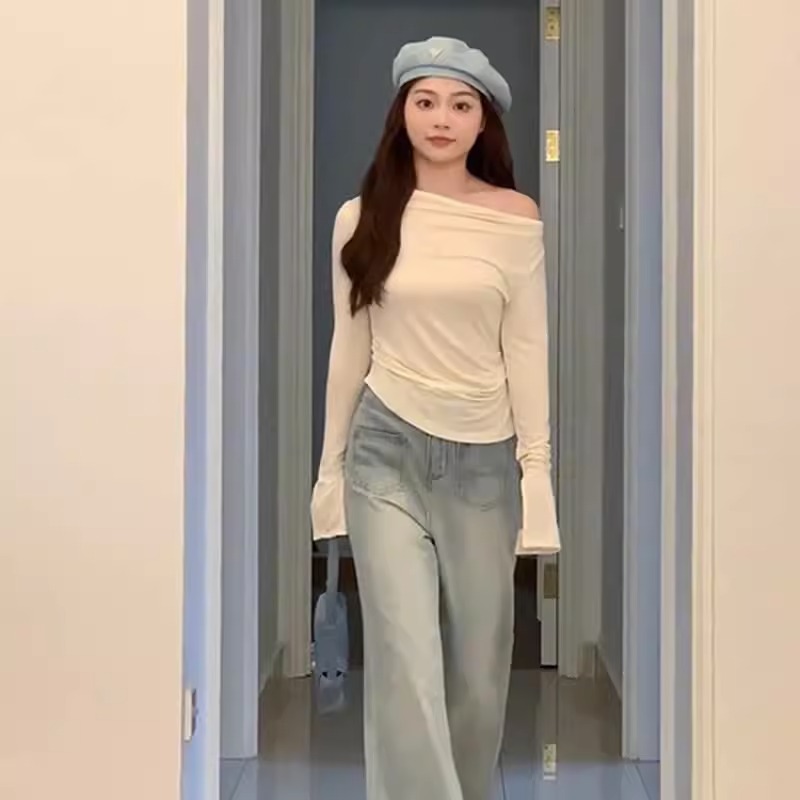 Already shipped Korean simple style irregular long-sleeved T-shirt with off-shoulder design slimming bottoming shirt top for women