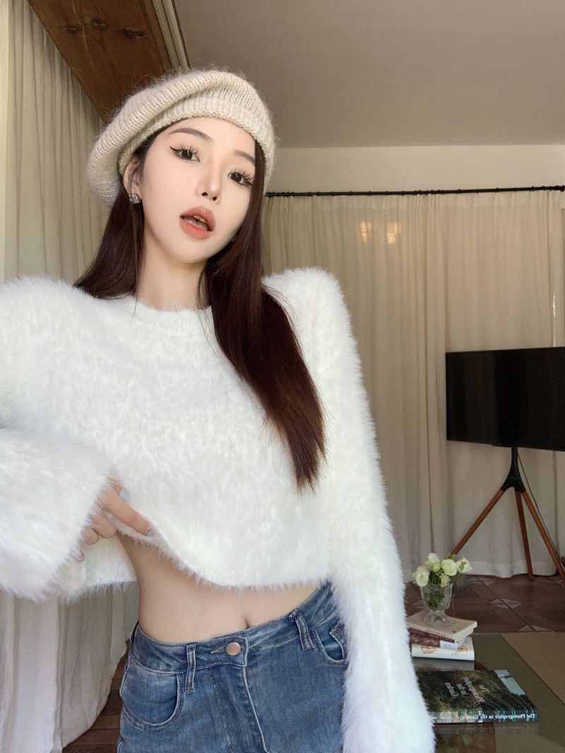已出貨 黑色溫柔風軟糯毛衣針織衫設計感小眾寬鬆小個子短款上衣
