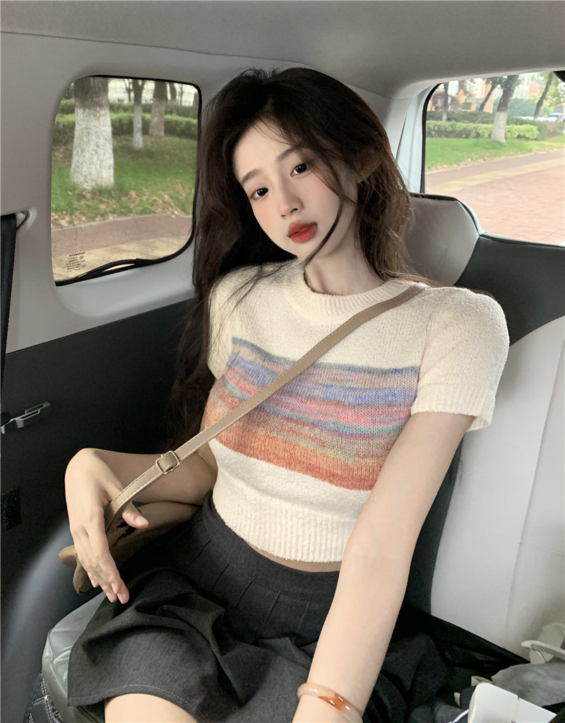 Real shot~~French knitted sweet and spicy style short style contrasting striped top T-shirt for inner wear and outer wear