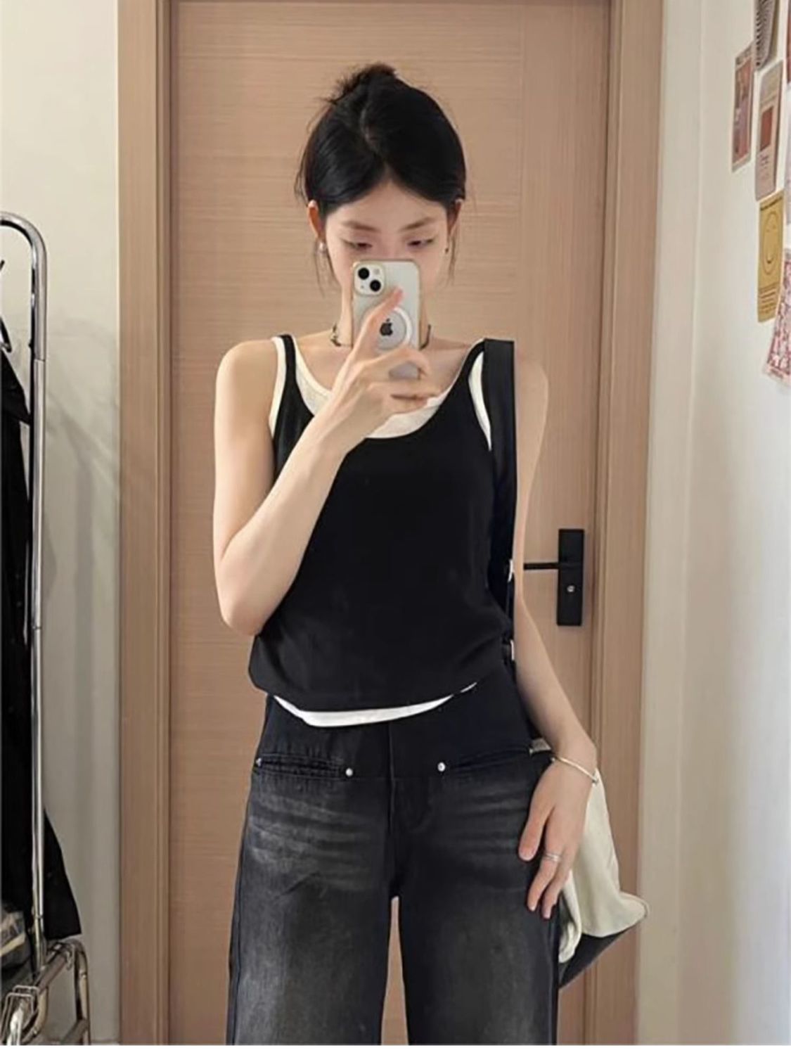 已出貨  美式復古吊帶背心女夏修身上衣小眾假兩件設計感顯瘦
