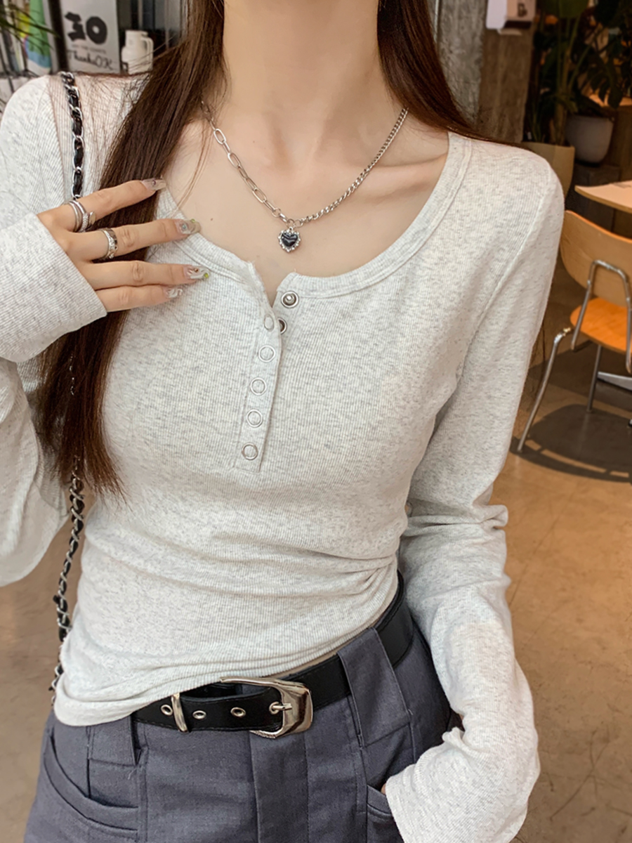 Already shipped, women's bottoming shirt, new gray slim white long-sleeved T-shirt, autumn black slim top