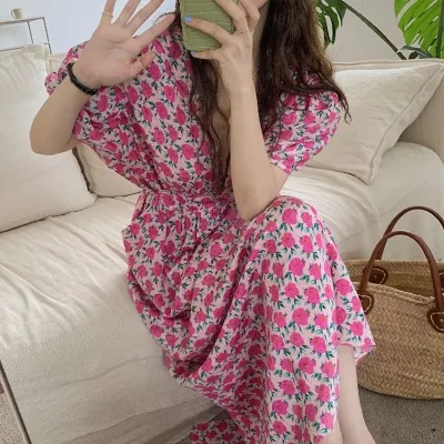 韓國chic夏季甜美減齡V領滿屏小碎花系帶收腰長款泡泡袖連衣裙女