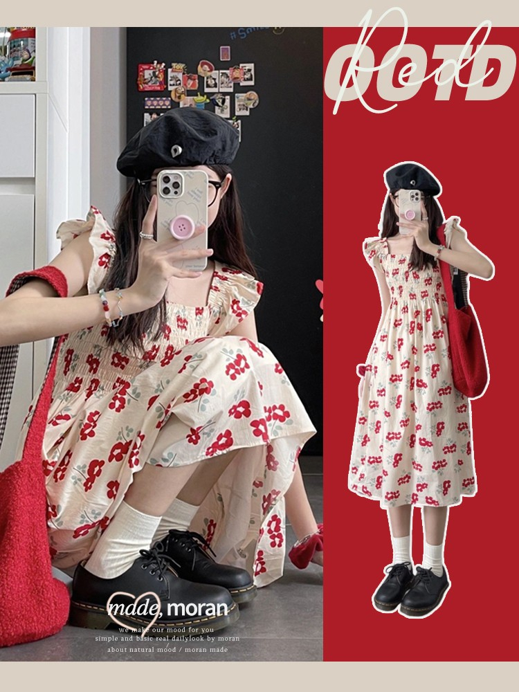 法式復古溫柔風小飛袖碎花連衣裙女夏季氣質收腰顯瘦奶甜仙女長裙