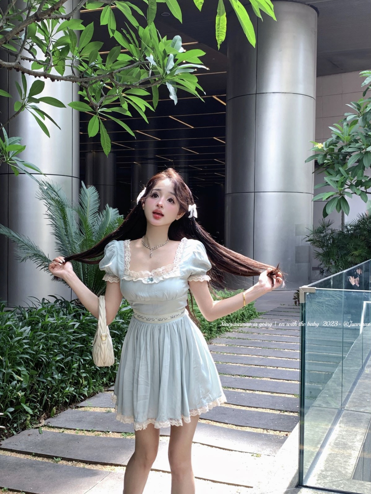 Real shot of Fairy Tale Town~Puff sleeve princess dress short sweet design square collar lace dress