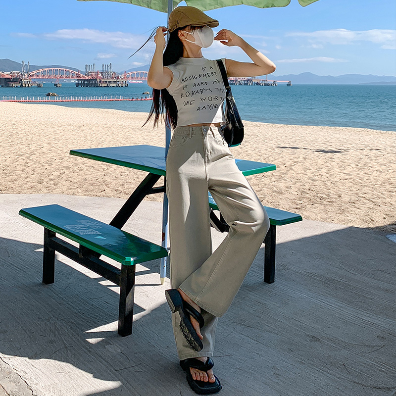 實拍糯米灰牛仔闊腿直筒褲女2024春季新款窄版設計感皮牌褲子