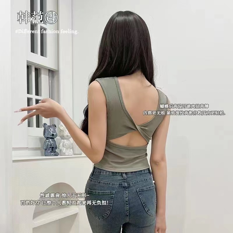 辣妹吊帶背心女外穿性感鏤空露背交叉帶胸墊美背上衣