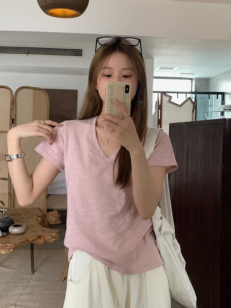 已出貨 竹節棉 V領白色短袖t恤女韓版百搭薄款寬鬆休閒上衣夏季