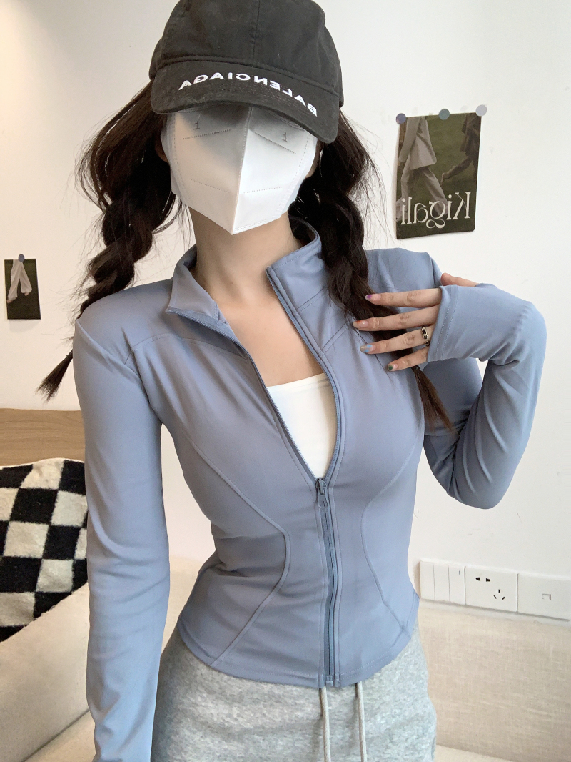 實拍  防曬瑜伽衣修身顯瘦拉鏈翻領長袖T恤女+休閒半身裙