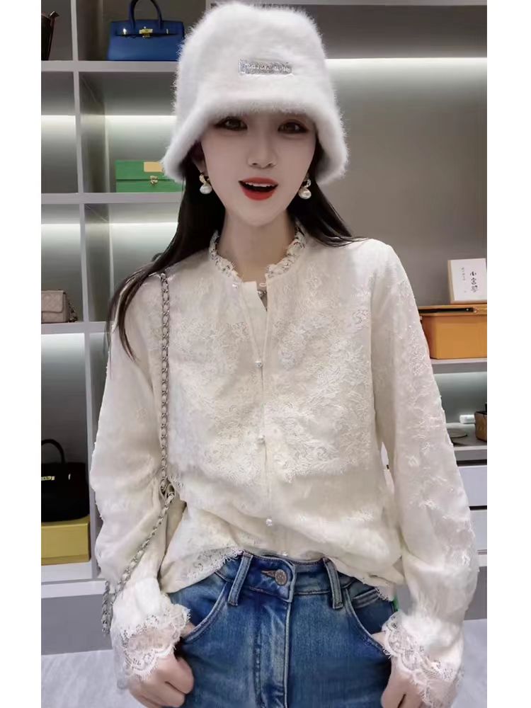 2024春季新款時尚蕾絲打底衫女顯瘦木耳邊開衫別致法式襯衫女上衣