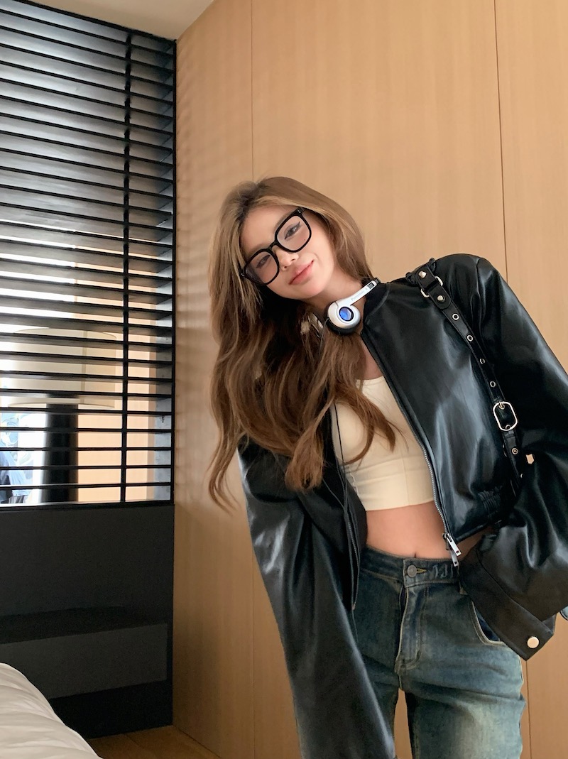 Actual shot Korean style slimming short long-sleeved retro motorcycle leather jacket versatile jacket top