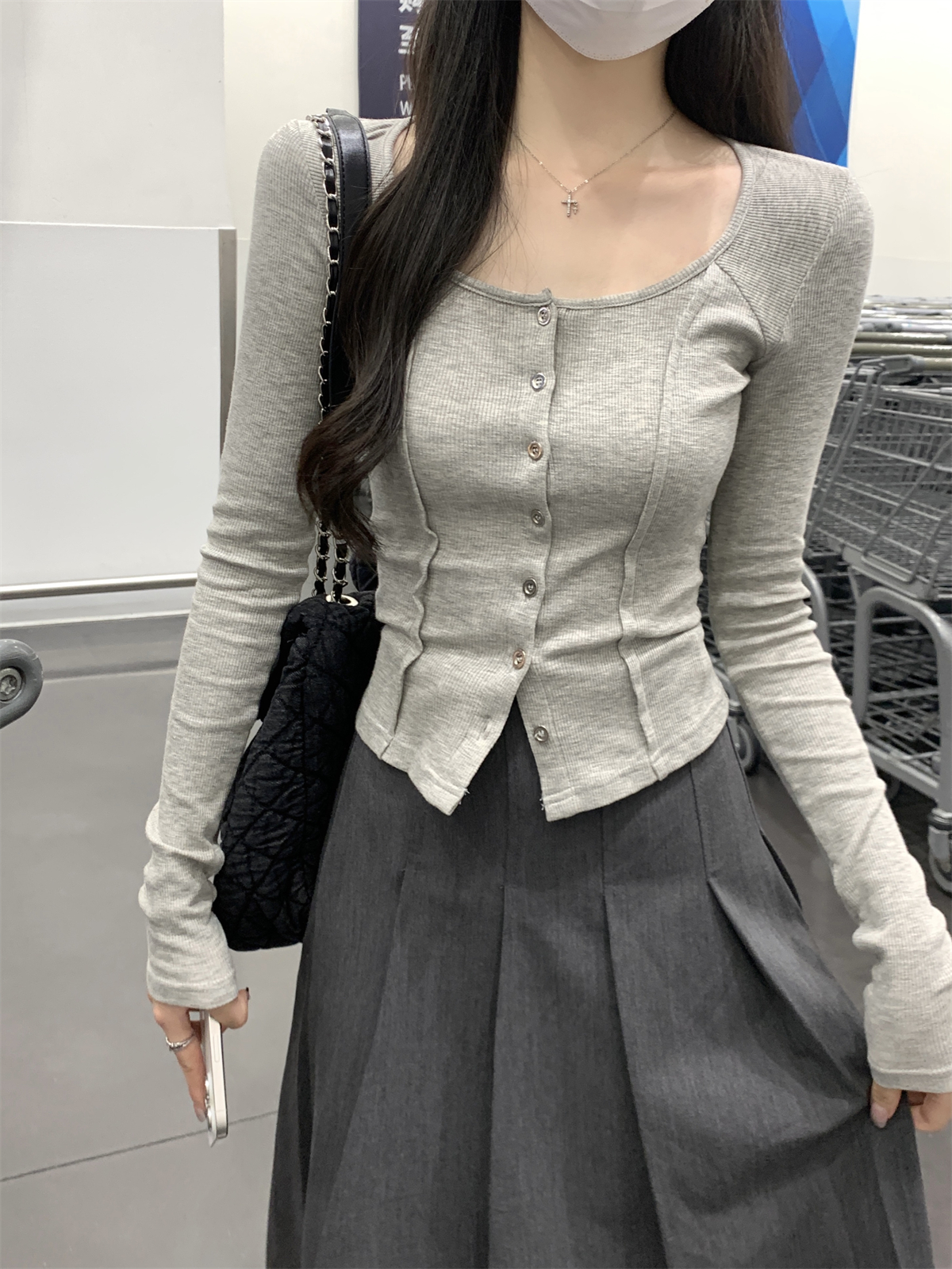 實拍 早春韓版修身魚骨顯瘦設計感氣質長袖紐扣開衫T恤上衣女