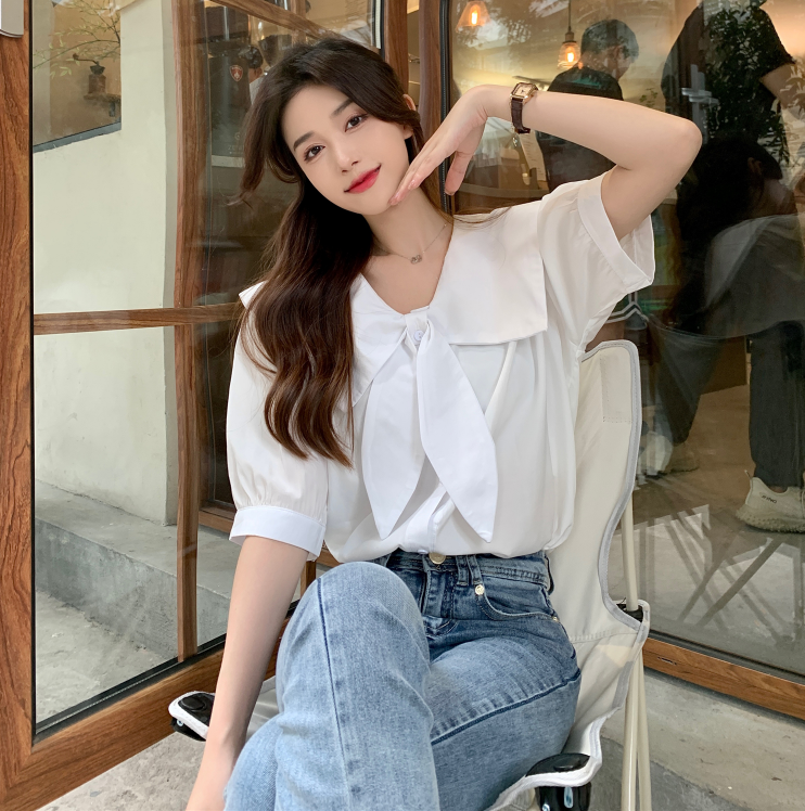 2024 Summer Plus Size Women's Doll Collar Shirt Fat MM French Chic Bow Top M-4XL 200 Jin