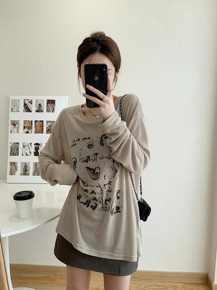已出貨 韓系簡約學院風透透防曬長袖T恤女字母印花寬鬆上衣罩衫