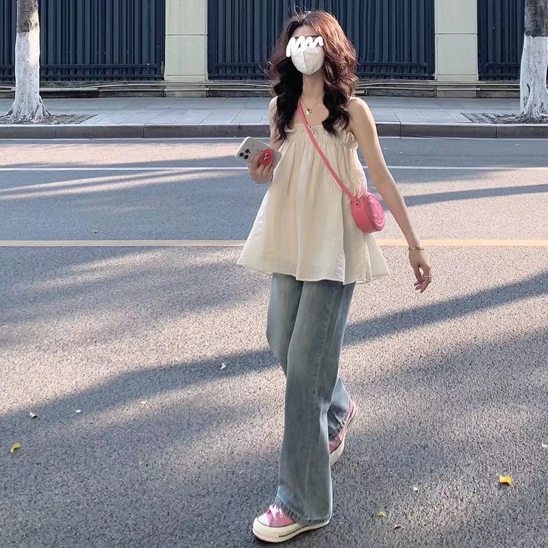 已出貨 帶內里 純欲吊帶背心女寬鬆娃娃衫露肩鎖骨抹胸上衣女