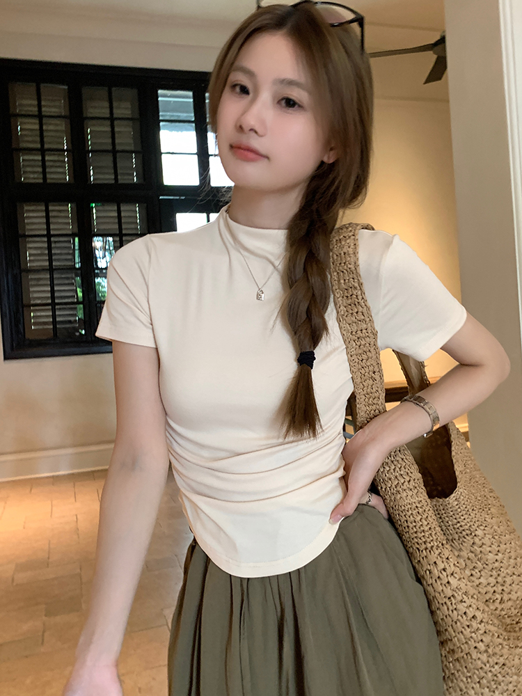 已出貨 褶皺收腰半高領純欲短袖正肩T恤女夏季顯瘦辣妹純色上衣