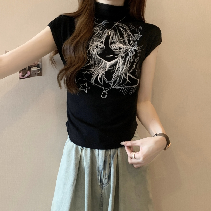 實拍 40支純棉 2024夏裝半高領印花打底衫女短袖T恤