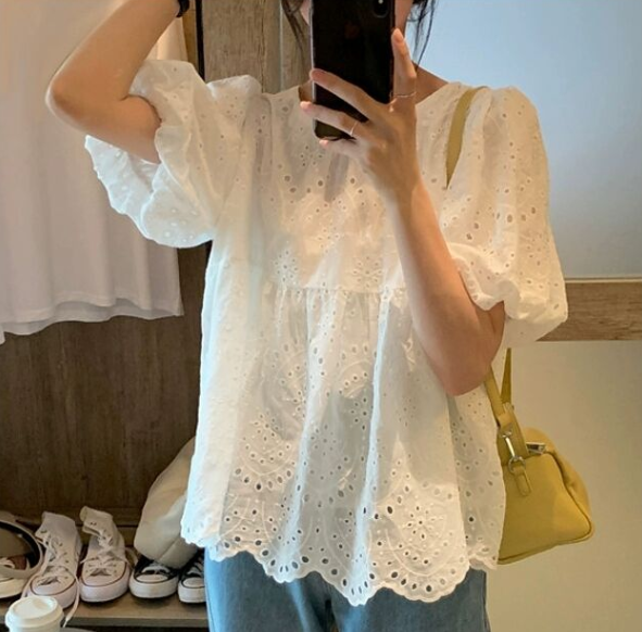 Summer new embroidered top white design casual pullover versatile foreign style hollow short-sleeved shirt M-4XL 200 pounds
