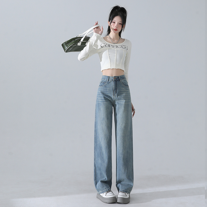 實拍 闊腿牛仔褲女春季新款直筒垂感拖地褲九分長褲加長