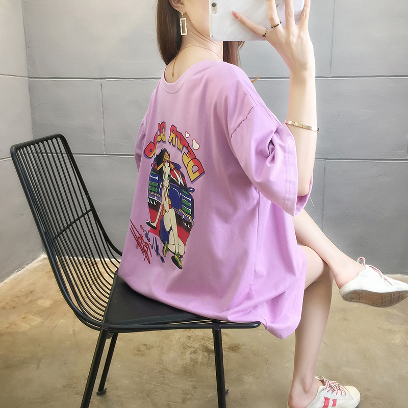 實拍6535棉韓版中長款可愛卡通印花露背蝴蝶結圓領短袖T恤