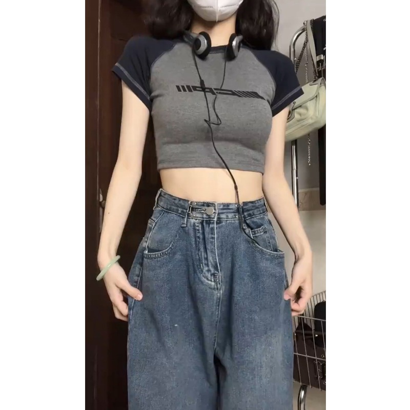 已出貨 美式復古純欲辣妹風顯瘦插色短袖t恤百搭上衣女