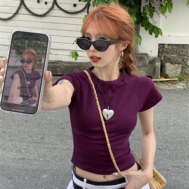已出貨 韓系學院風夏季新款短款上衣辣妹緊身露臍顯瘦打底衫高級
