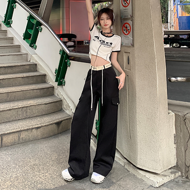 實拍美式復古百搭拼接休閒褲女時尚設計寬鬆顯瘦闊腿褲長褲加長