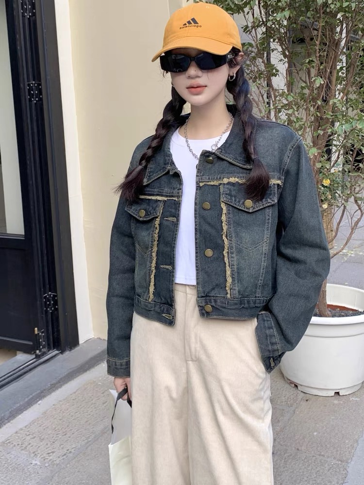 復古毛邊氣質牛仔外套女春季2024新款設計感小眾做舊百搭時尚上衣