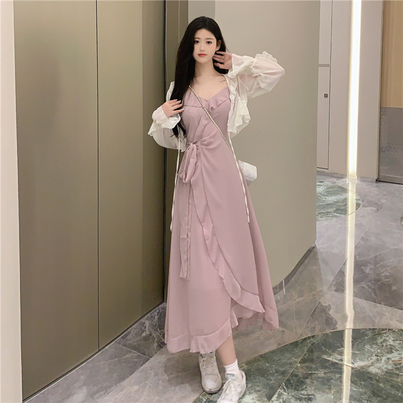 實拍 大碼女裝春季新款純欲荷葉邊V領長裙氣質收腰吊帶裙套裝