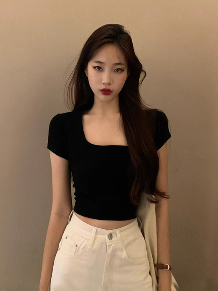已出貨 韓系短袖T恤女修身方領緊身高腰露臍黑色純棉網紅ins