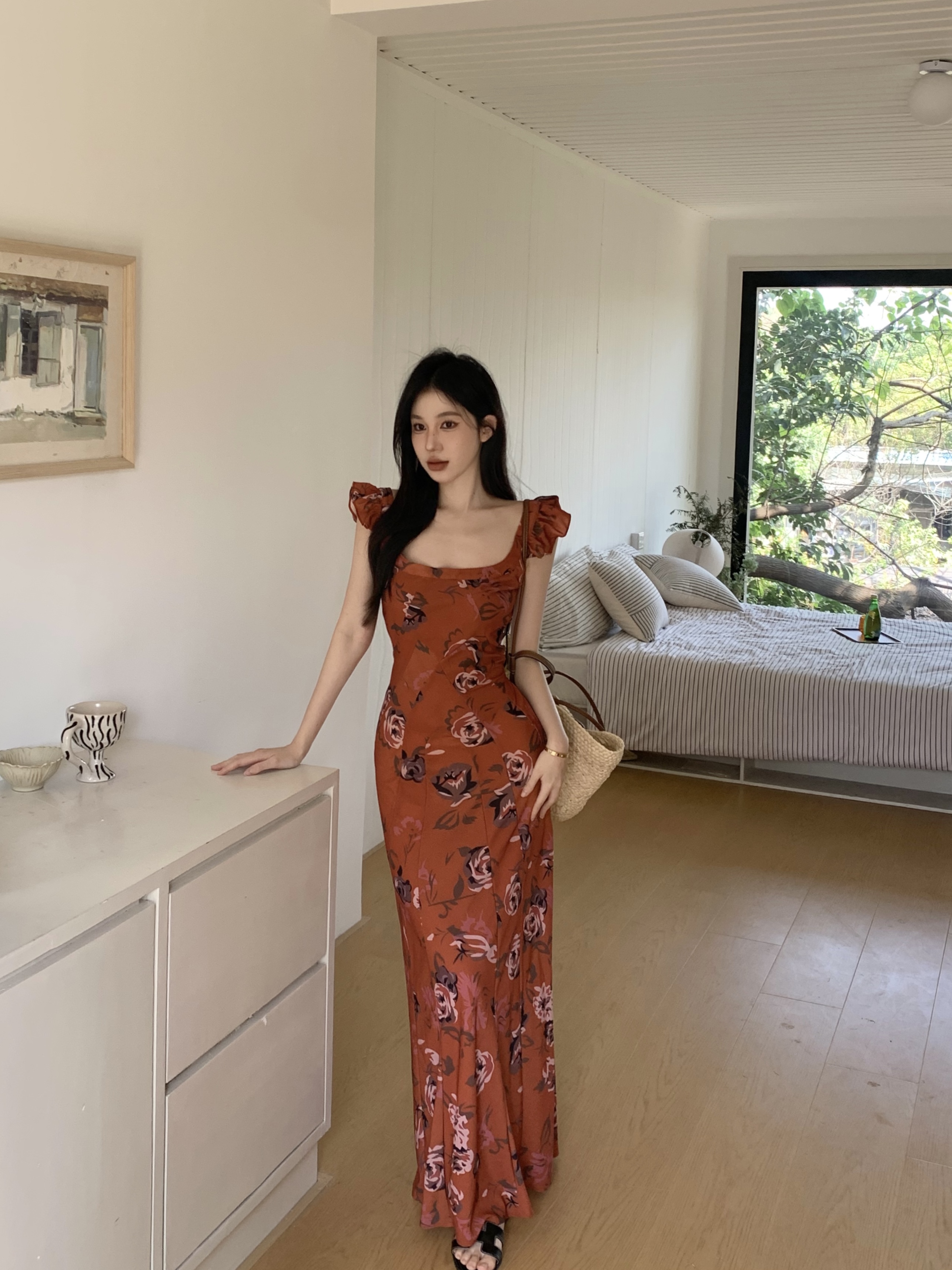 Real shot of spring French red floral dress sexy slim ruffle dress chiffon skirt