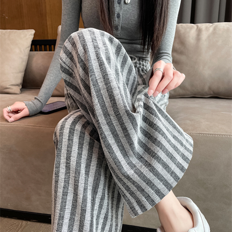 原版做工條紋闊腿褲女春秋2024年小個子高腰寬鬆垂感直筒休閒褲