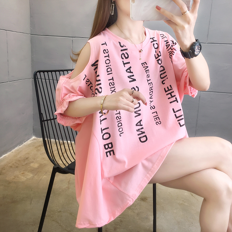 實拍6535棉2024夏季時尚露肩短袖字母印花圓領韓版寬鬆T恤