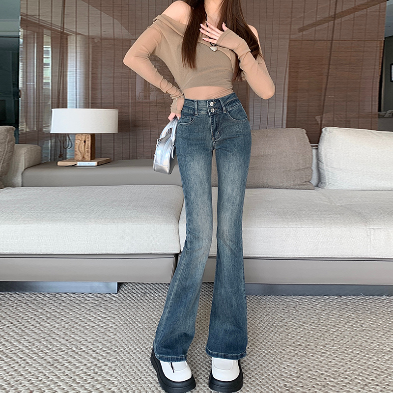 實拍2024年新款微喇牛仔褲女小個子美式復古高腰顯瘦喇叭長褲