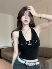 Real shot of a hot girl wearing a black halter neck strap and a backless top