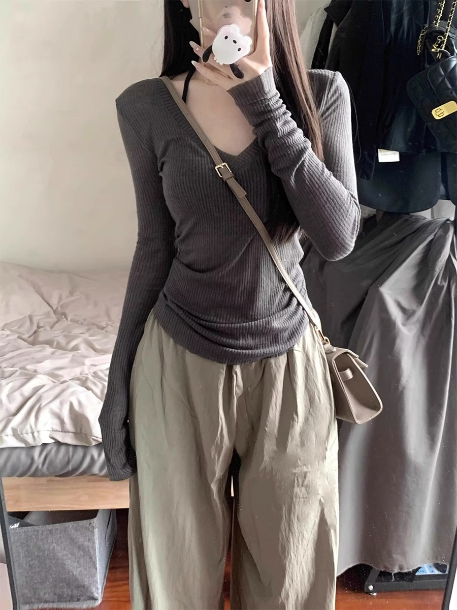 Already shipped Korean style spring and summer slimming v-neck gray sun protection clothing long-sleeved bottoming t-shirt top for women