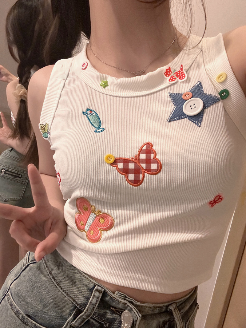 已出貨 多巴胺穿搭蝴蝶刺繡吊帶背心女顯瘦甜辣妹無袖短款上衣