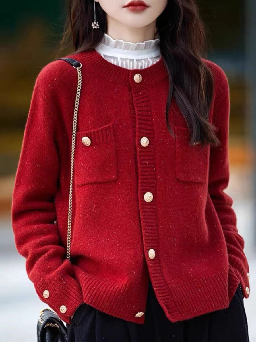 Pure wool thickened pip yarn small fragrant red cashmere cardigan knitted jacket short style