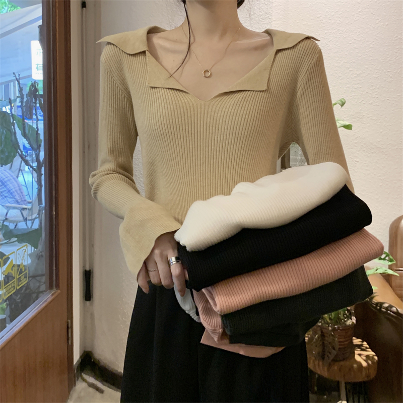 實拍  秋冬新款設計感長袖POLO領打底針織衫女上衣