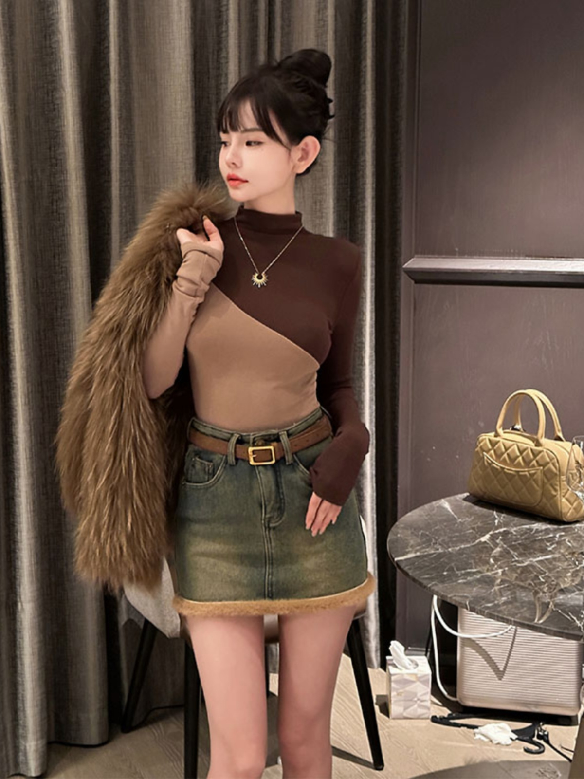 Modal early spring new color-blocked design top women's long-sleeved slim-fitting bottoming shirt unique and unique T-shirt